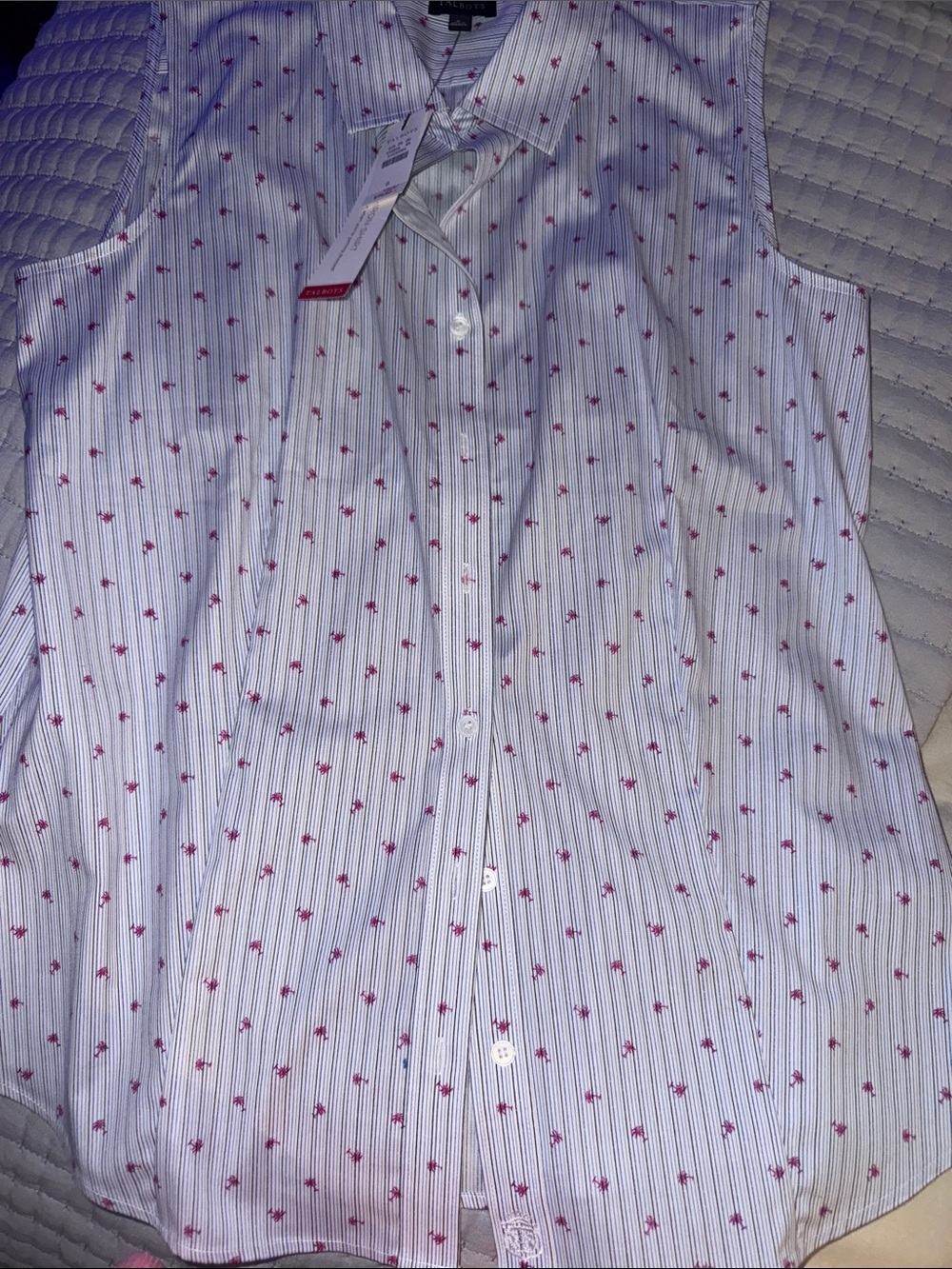 Talbots White Striped Sleeveless Button-Down with Pink Palm Print